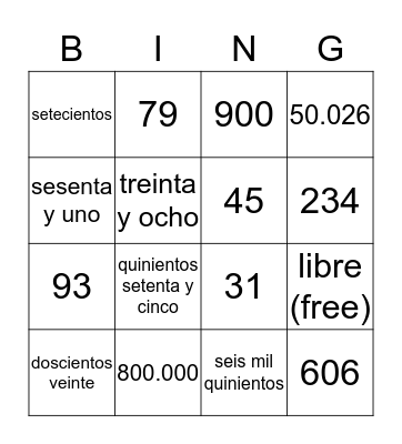 número bingo Card