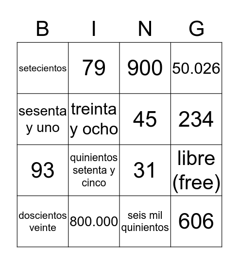 número bingo Card