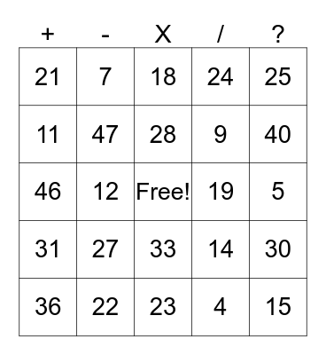 MATHS BINGO Card