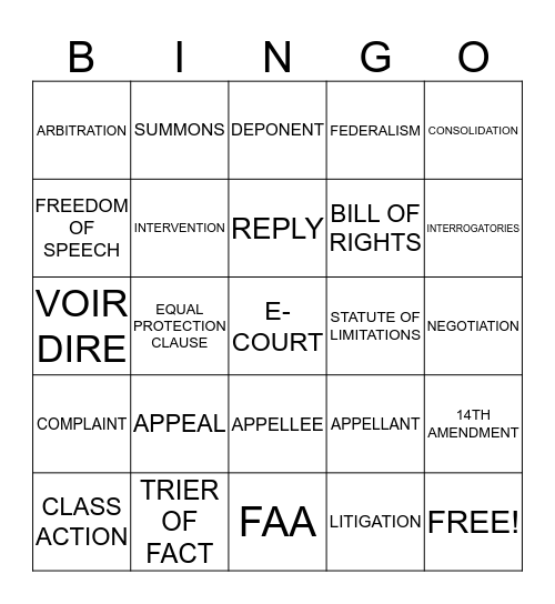 Kia's Business Law Bingo Card