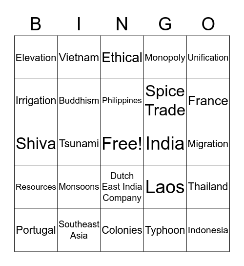 Southeast Asia Review  Bingo Card