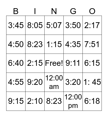 clock Time Bingo Card