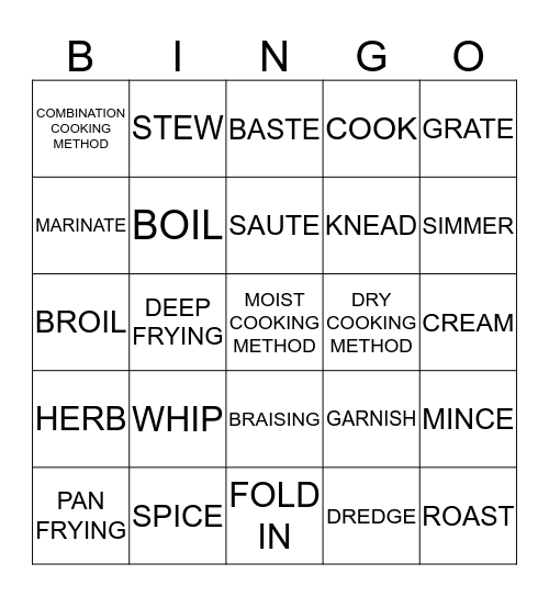 COOKING TERMS  Bingo Card