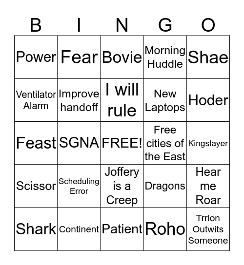 GAME OF ZONES Bingo Card