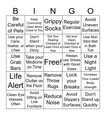 Fall Prevention BINGO Card
