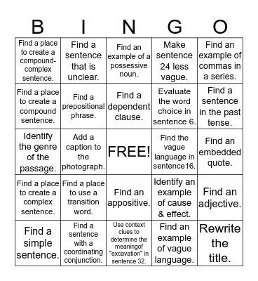 Revising & Editing Review Bingo Card