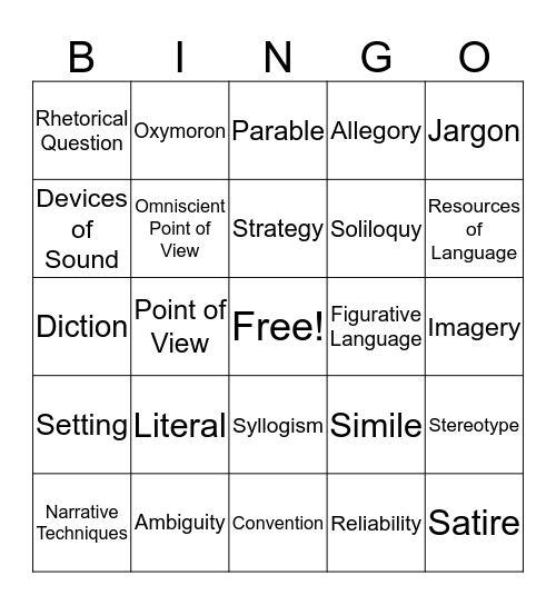 Literary Bingo~Card 2 Bingo Card