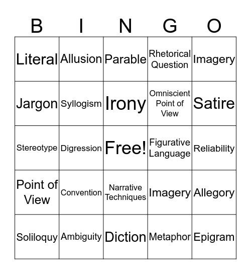 Literary Bingo~Card 4 Bingo Card