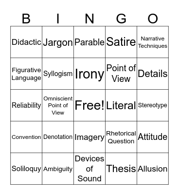 Literary Bingo~Card 5 Bingo Card