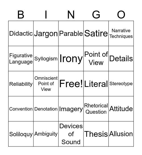 Literary Bingo~Card 5 Bingo Card