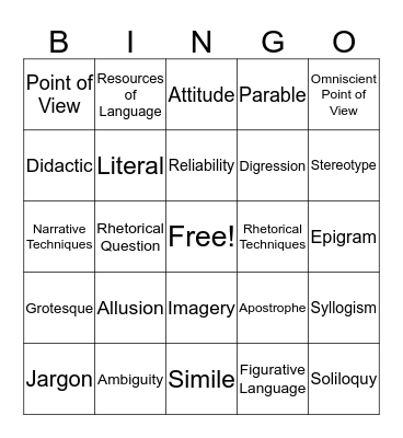 Literary Bingo~Card 1 Bingo Card