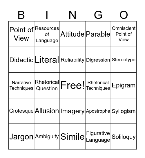 Literary Bingo~Card 1 Bingo Card