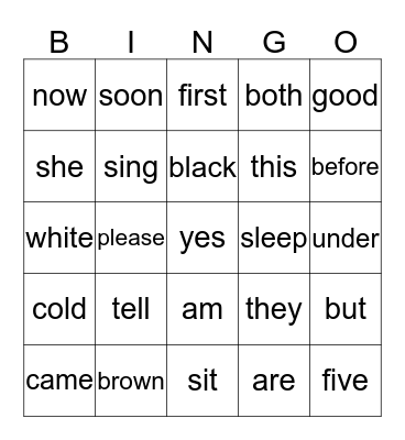 Sight Words Bingo Card