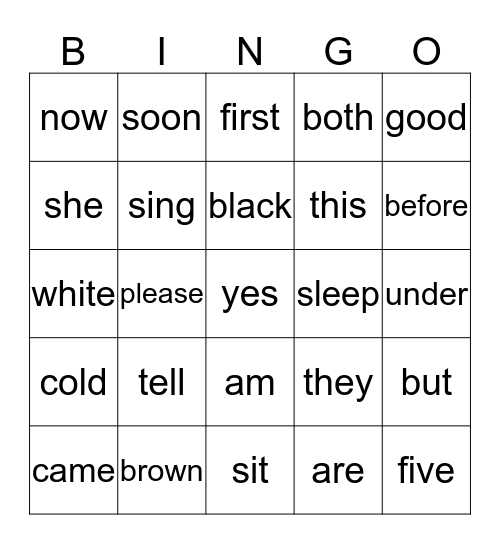 Sight Words Bingo Card