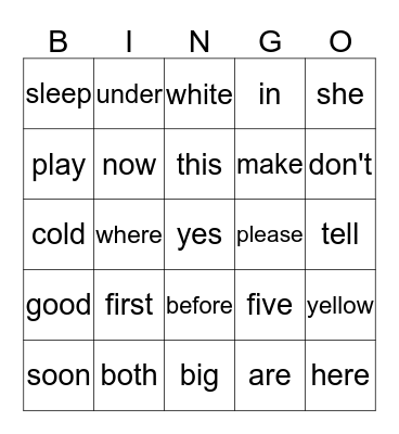 Sight Words Bingo Card