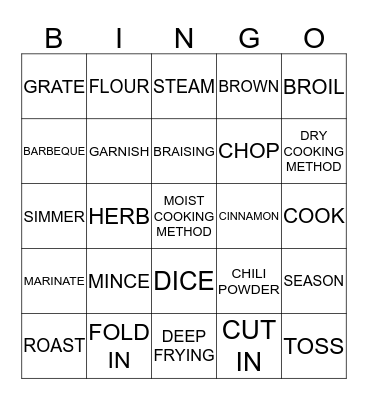 COOKING TERMS  Bingo Card