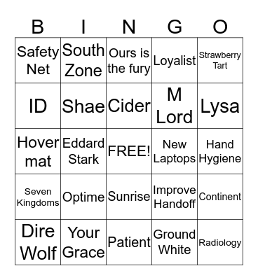 GAME OF ZONES Bingo Card