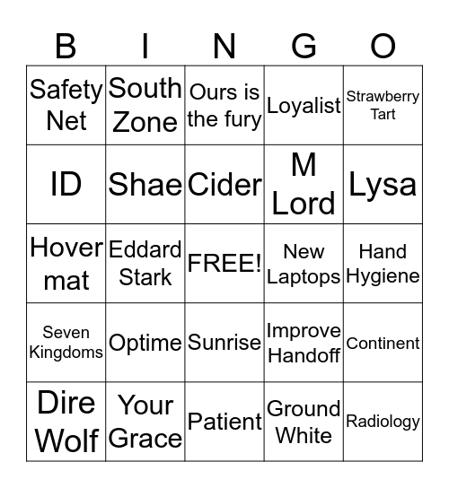 GAME OF ZONES Bingo Card