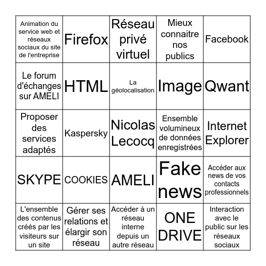 TOUT SAVOIR SUR LE DIGITAL Bingo Card