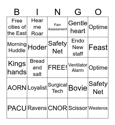 GAME OF ZONES Bingo Card
