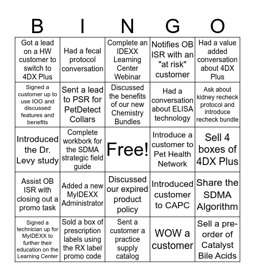 IDEXX Bingo Card