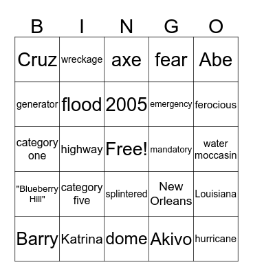 Hurricane Katrina Bingo Card
