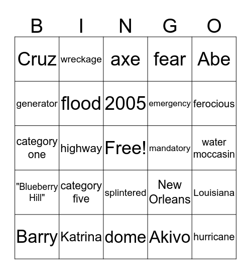 Hurricane Katrina Bingo Card