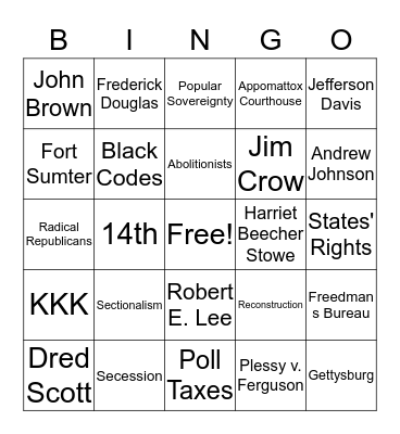 Civil War  Bingo Card