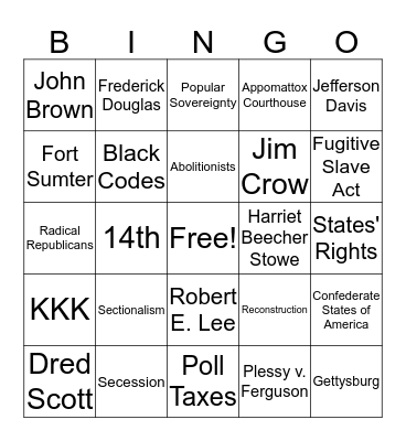 Civil War  Bingo Card