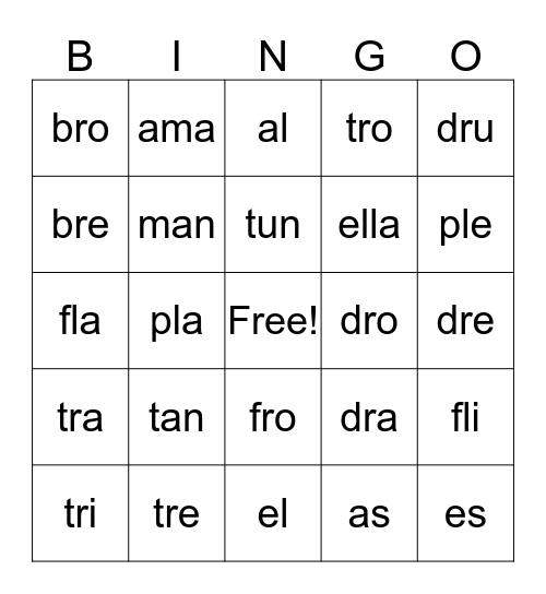 silabas trabadas/ inversas Bingo Card