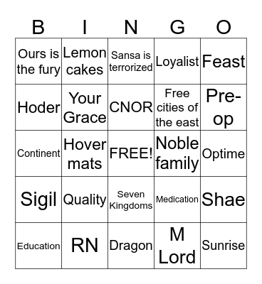 GAME OF ZONES Bingo Card