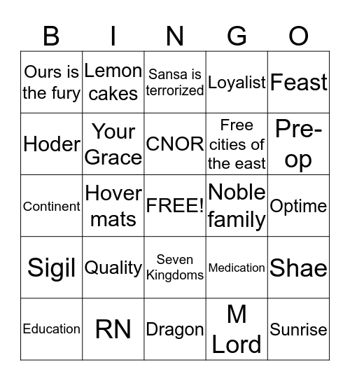 GAME OF ZONES Bingo Card