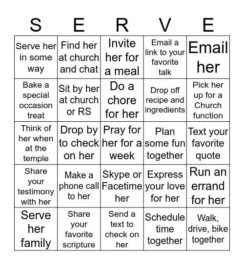 "Serving Your Sisters"  BINGO Card