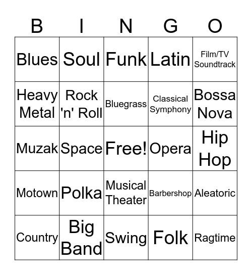 Musical Genre Bingo Card