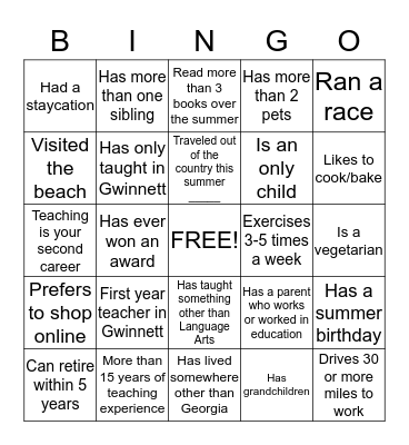 Back to School Bingo Card