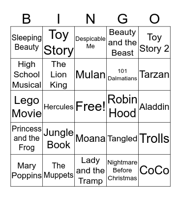 Movie Songs for Kids Bingo Card