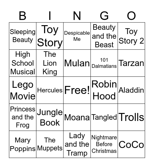 Movie Songs for Kids Bingo Card