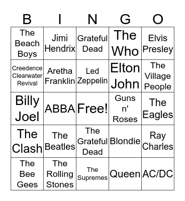 Rock and Roll Bingo Card