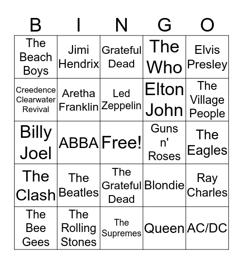 Rock and Roll Bingo Card