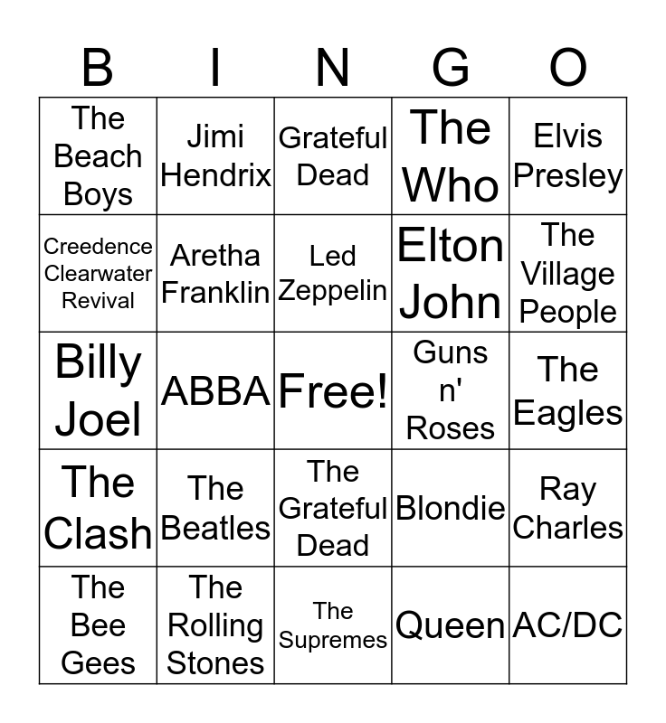 Rock And Roll Bingo Cards