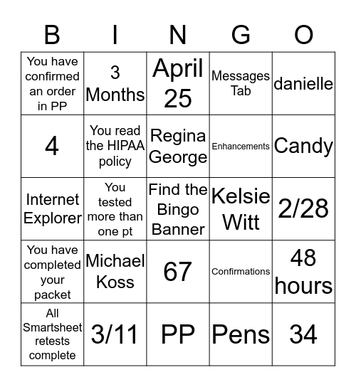 Patient Portal Bingo Card
