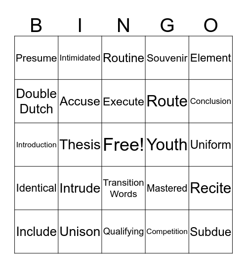 Lesson 4 Vocabulary  Bingo Card