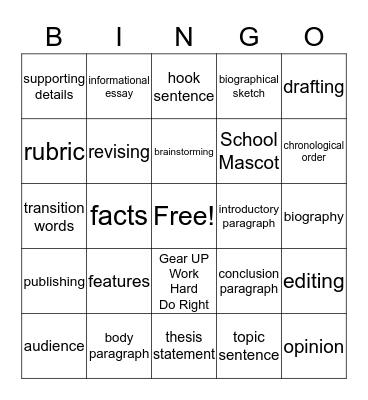 Informational Writing  Bingo Card