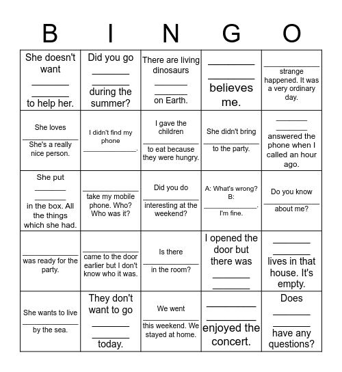 Indefinite Pronouns Bingo Card