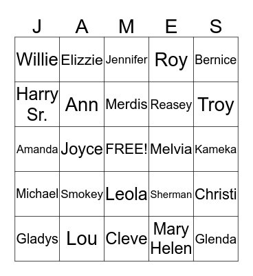 JAMES FAMILY BINGO Card