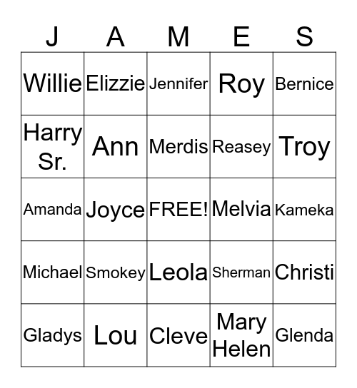 JAMES FAMILY BINGO Card