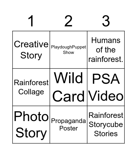 Rainforest Challenge Board Bingo Card