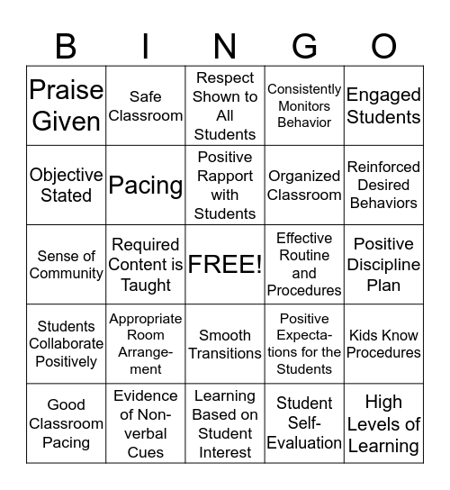 Classroom Management Bingo Card