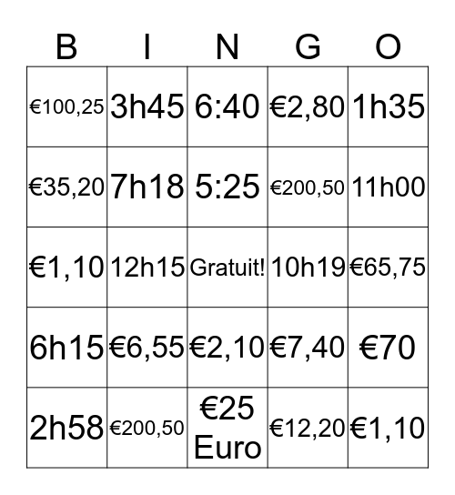 L'heure et euros Bingo Card