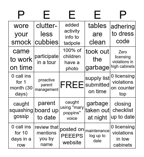 PEEEPS Bingo Card